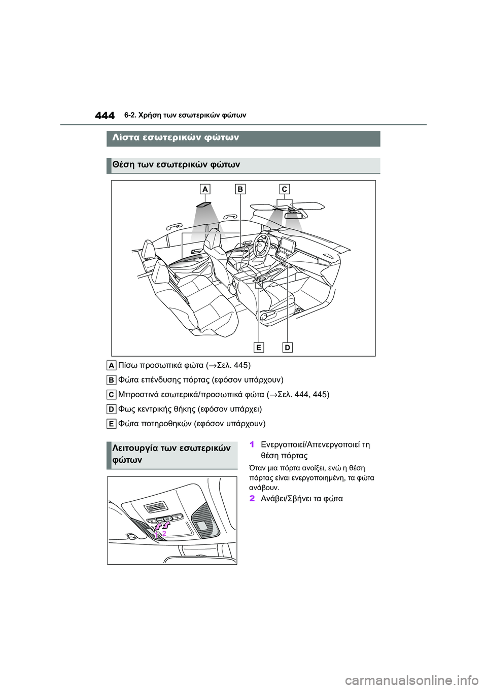 TOYOTA COROLLA 2022  ΟΔΗΓΌΣ ΧΡΉΣΗΣ (in Greek) 4446-2. Χρήση των εσωτερικών φώτων
6-2.Χρήση τω ν εσωτερικών φώτων
Πίσω προσωπικά φώτα (→Σελ. 445)
Φώτα επένδυσης πό