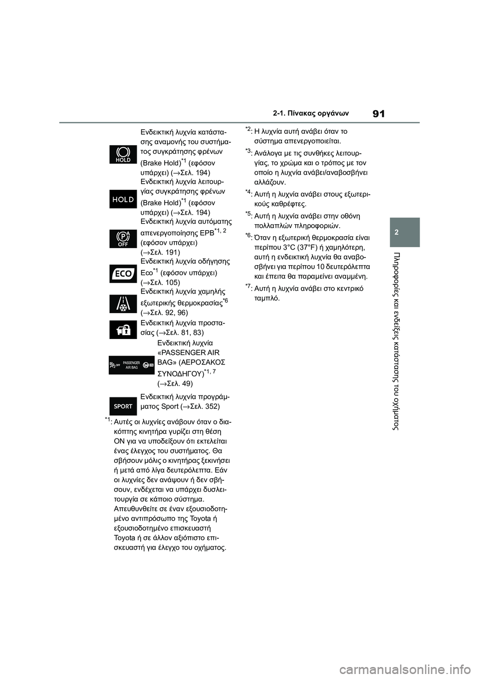 TOYOTA COROLLA 2022 ΟΔΗΓΌΣ ΧΡΉΣΗΣ (in Greek) 91
2 2-1. Πίνακας οργάνων
Πληροφορίες και ενδείξεις κατάστασης του οχήματος
*1:Αυτές οι λυχνίες ανάβουν όταν ο δι TOYOTA COROLLA 2022 ΟΔΗΓΌΣ ΧΡΉΣΗΣ (in Greek) 91
2 2-1. Πίνακας οργάνων
Πληροφορίες και ενδείξεις κατάστασης του οχήματος
*1:Αυτές οι λυχνίες ανάβουν όταν ο δι