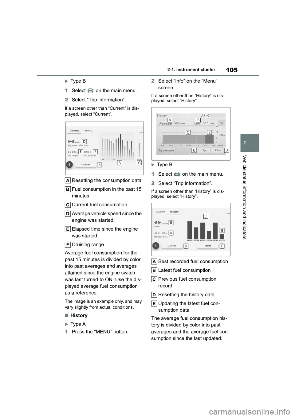TOYOTA COROLLA 2022  Owners Manual (in English) 105
2 
2-1. Instrument cluster
Vehicle status information and indicators
Type B 
1 Select   on the main menu. 
2 Select “Trip information”.
If a screen other than “Current” is dis- 
played,