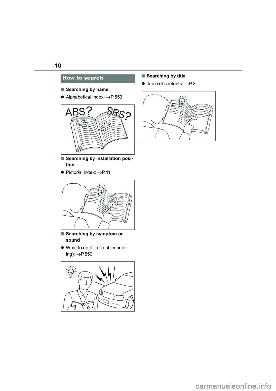 TOYOTA COROLLA 2022  Owners Manual (in English) 10
■Searching by name 
 Alphabetical index: P. 5 5 3
■Searching by installation posi- 
tion 
 Pictorial index: P. 1 1
■Searching by symptom or  
sound 
 What to do if... (Troubles