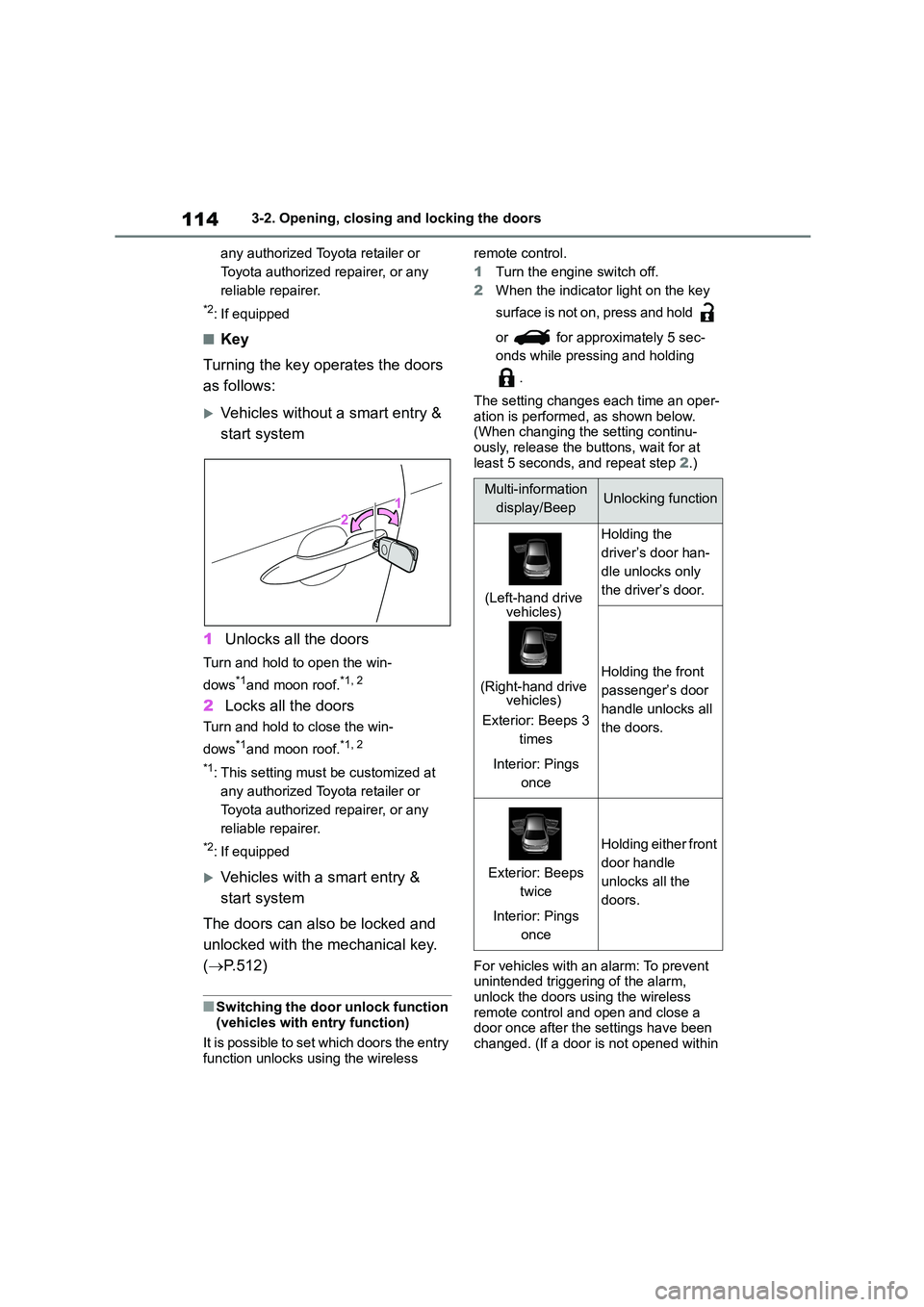 TOYOTA COROLLA 2022  Owners Manual (in English) 1143-2. Opening, closing and locking the doors 
any authorized Toyota retailer or  
Toyota authorized repairer, or any 
reliable repairer.
*2: If equipped
■Key 
Turning the key operates the doors  
