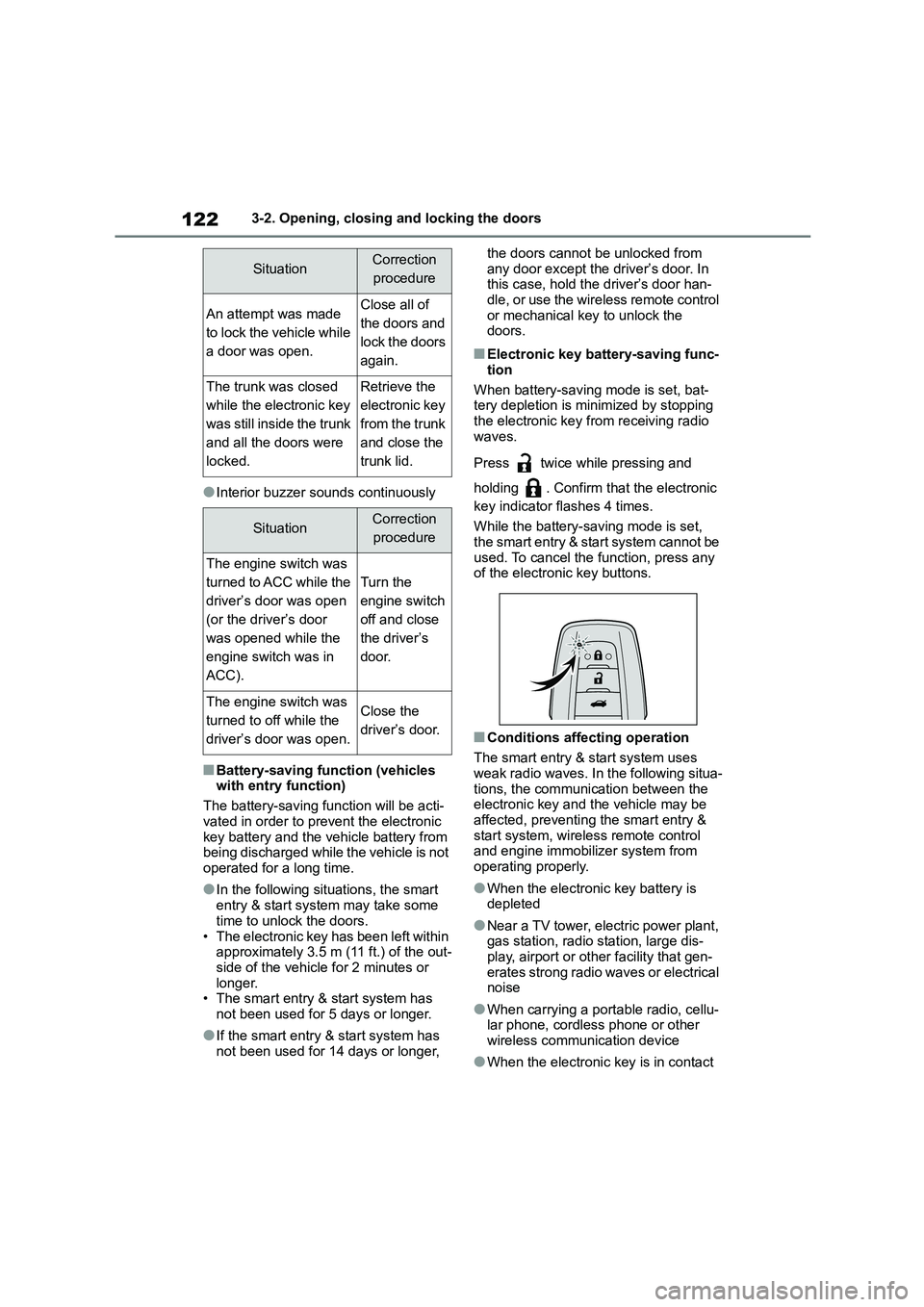 TOYOTA COROLLA 2022  Owners Manual (in English) 1223-2. Opening, closing and locking the doors
●Interior buzzer sounds continuously
■Battery-saving function (vehicles  
with entry function) 
The battery-saving function will be acti- 
vated in o
