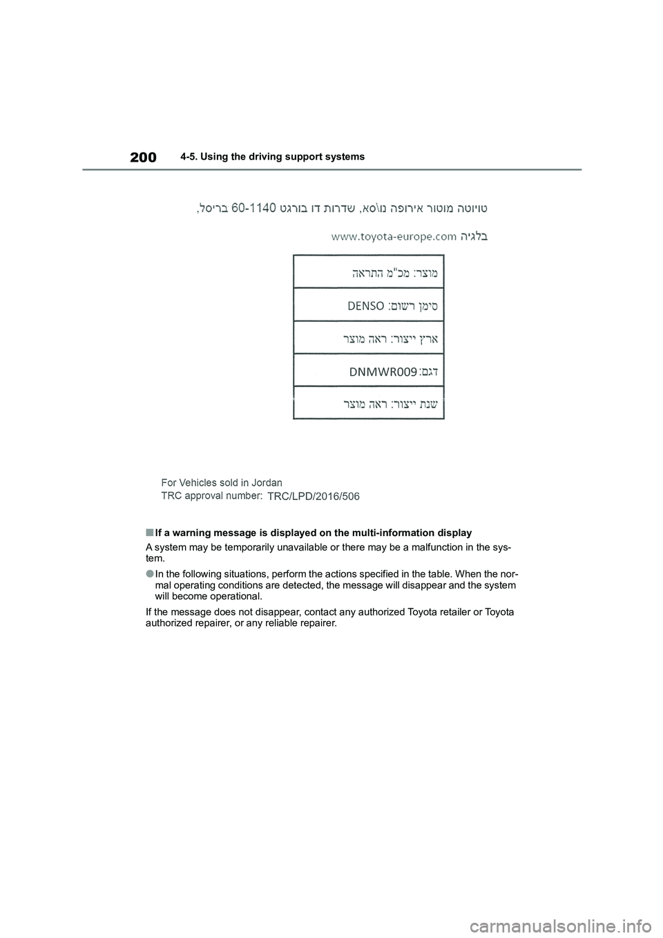 TOYOTA COROLLA 2022  Owners Manual (in English) 2004-5. Using the driving support systems
■If a warning message is displayed on the multi-information display 
A system may be temporarily unavailable or there may be a malfunction in the sys- tem.
