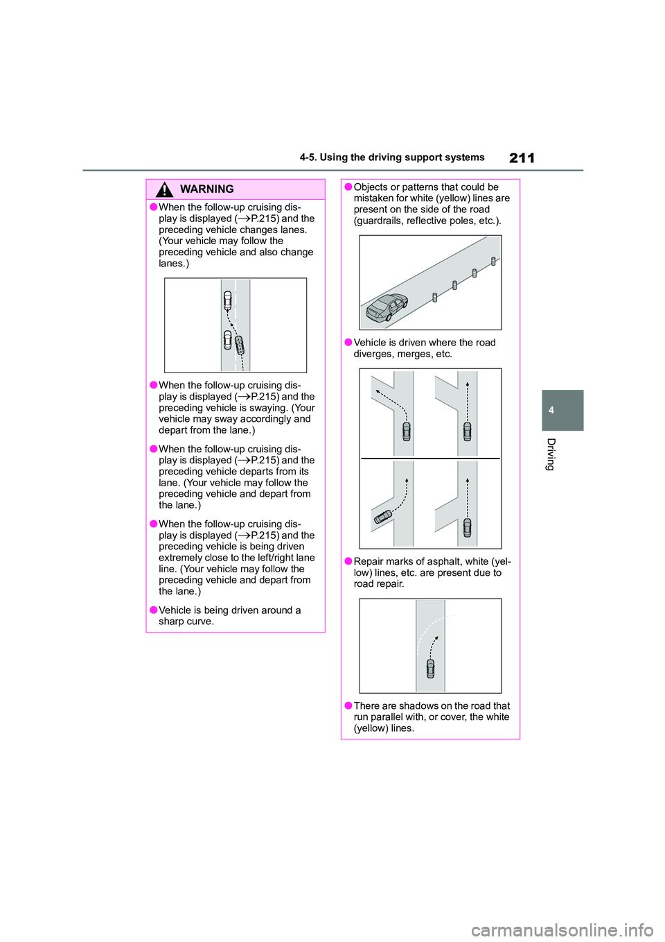 TOYOTA COROLLA 2022  Owners Manual (in English) 211
4 
4-5. Using the driving support systems
Driving
WA R N I N G
●When the follow-up cruising dis- 
play is displayed (P.215) and the 
preceding vehicle changes lanes.  (Your vehicle may follow