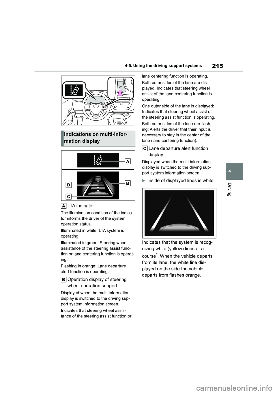 TOYOTA COROLLA 2022  Owners Manual (in English) 215
4 
4-5. Using the driving support systems
Driving
LTA i n d i c a t o r
The illumination condition of the indica- 
tor informs the driver of the system  
operation status. 
Illuminated in white: L