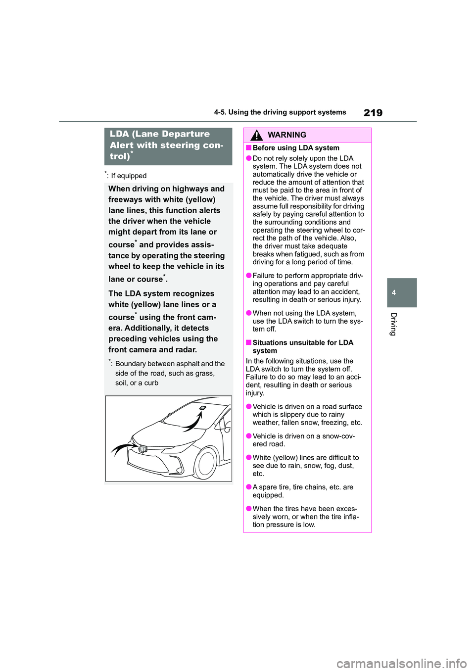 TOYOTA COROLLA 2022  Owners Manual (in English) 219
4 
4-5. Using the driving support systems
Driving
*: If equipped
LDA (Lane Depar ture  
Alert with steering con-
trol)*
When driving on highways and  
freeways with white (yellow) 
lane lines, thi