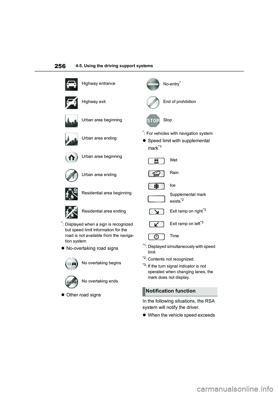 TOYOTA COROLLA 2022  Owners Manual (in English) 2564-5. Using the driving support systems
*: Displayed when a sign is recognized  
but speed limit information for the 
road is not available from the naviga-
tion system
 No-overtaking road signs 