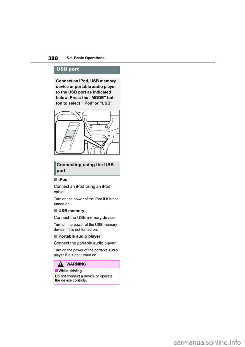 TOYOTA COROLLA 2022  Owners Manual (in English) 3285-1. Basic Operations
■iPod 
Connect an iPod using an iPod  
cable.
Turn on the power of the iPod if it is not  
turned on.
■USB memory 
Connect the USB memory device.
Turn on the power of the 
