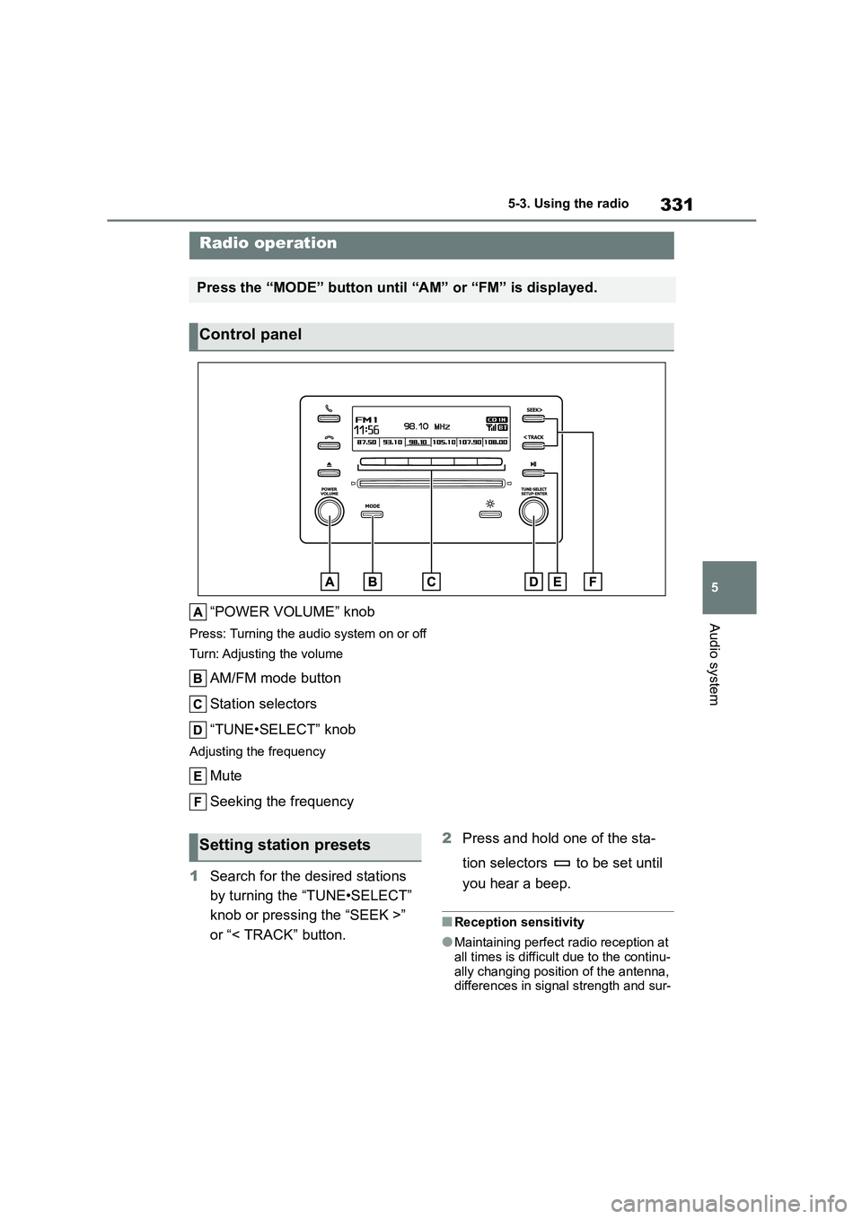 TOYOTA COROLLA 2022  Owners Manual (in English) 331
5 
5-3. Using the radio
Audio system
5-3.Using the radio
“POWER VOLUME” knob
Press: Turning the audio system on or off 
Turn: Adjusting the volume
AM/FM mode button 
Station selectors 
“TUNE