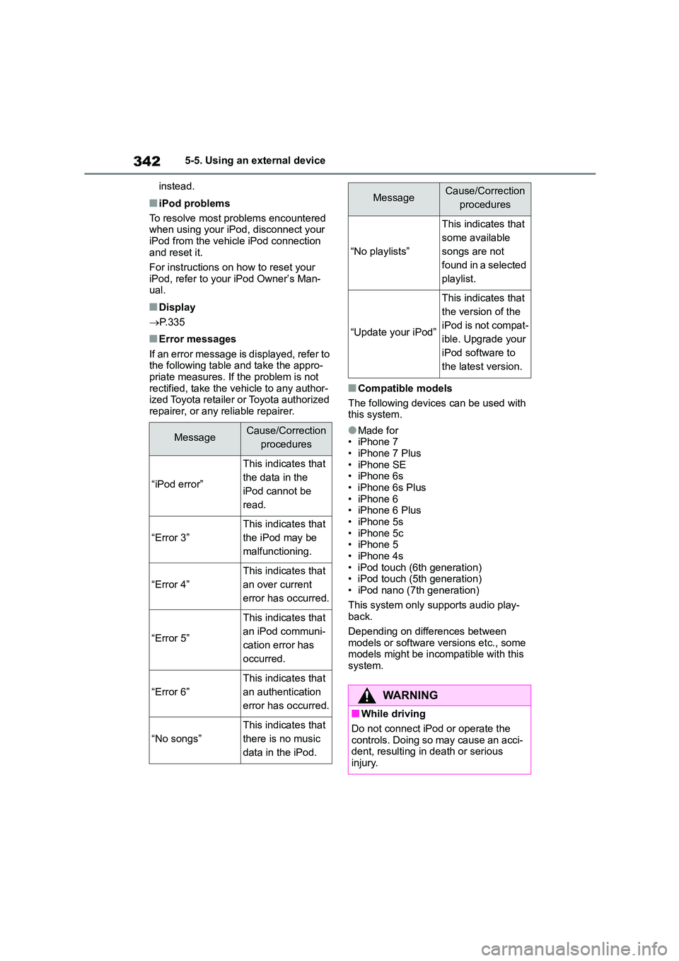 TOYOTA COROLLA 2022  Owners Manual (in English) 3425-5. Using an external device 
instead.
■iPod problems 
To resolve most problems encountered  when using your iPod, disconnect your  
iPod from the vehicle iPod connection 
and reset it. 
For ins
