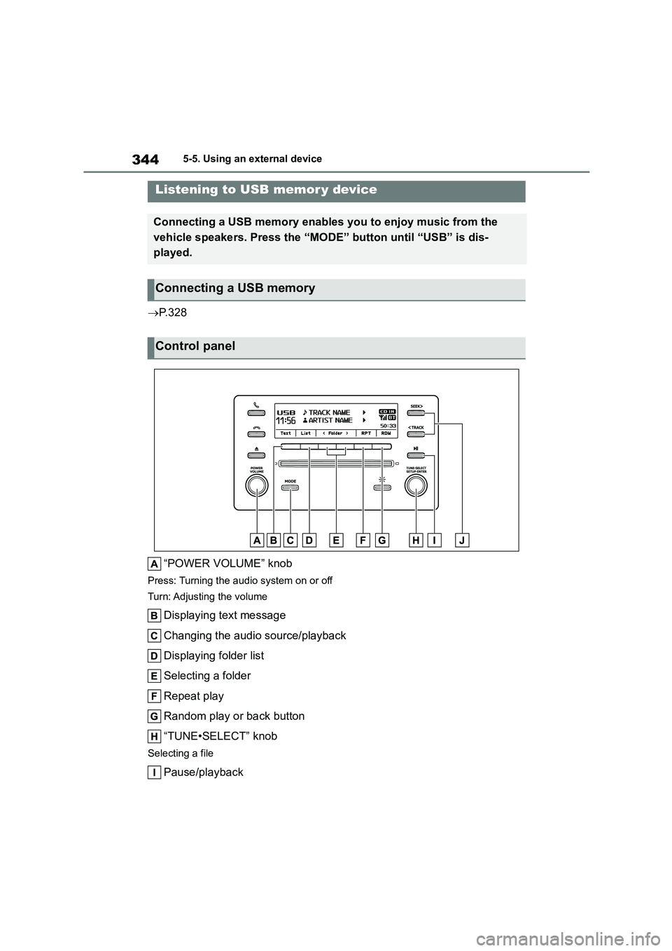 TOYOTA COROLLA 2022  Owners Manual (in English) 3445-5. Using an external device
P. 3 2 8 
“POWER VOLUME” knob
Press: Turning the audio system on or off 
Turn: Adjusting the volume
Displaying text message 
Changing the audio source/playback 