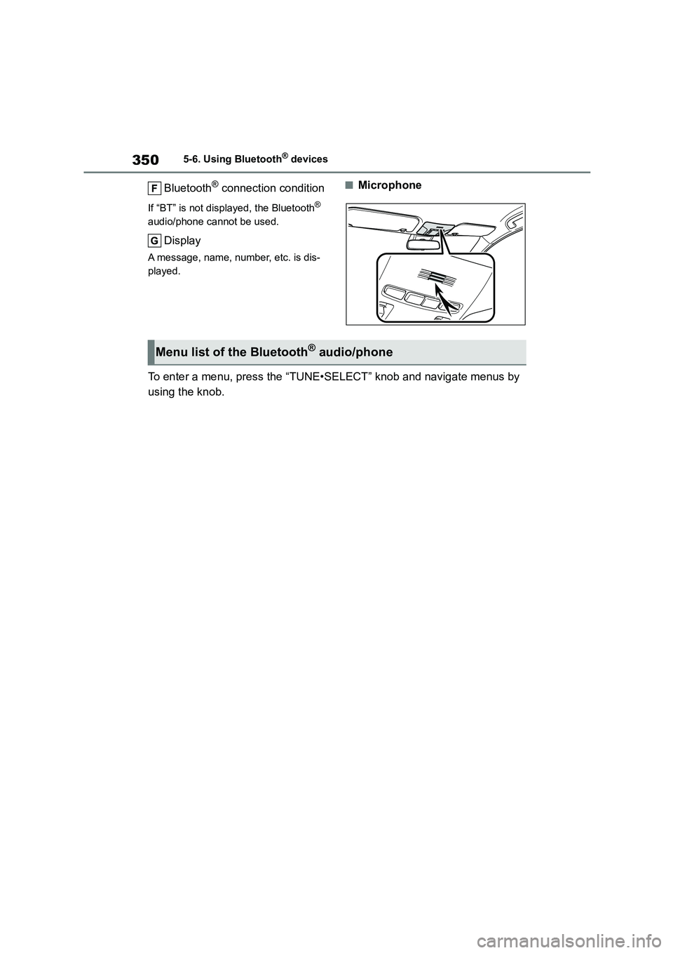 TOYOTA COROLLA 2022  Owners Manual (in English) 3505-6. Using Bluetooth® devices
Bluetooth® connection condition
If “BT” is not displayed, the Bluetooth®  
audio/phone cannot be used.
Display
A message, name, number, etc. is dis-
played.
■