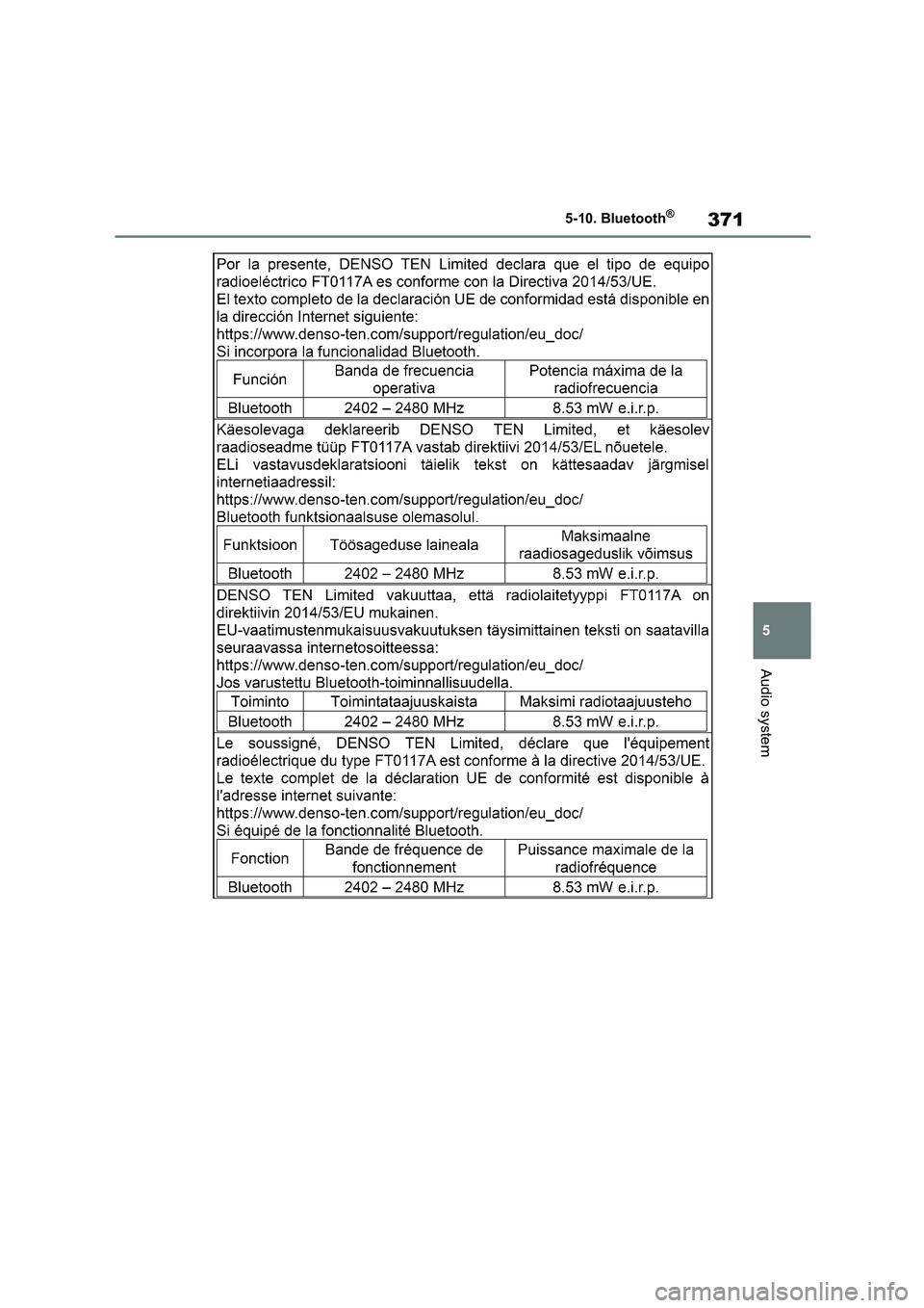 TOYOTA COROLLA 2022  Owners Manual (in English) 371
5 
5-10. Bluetooth®
Audio system 