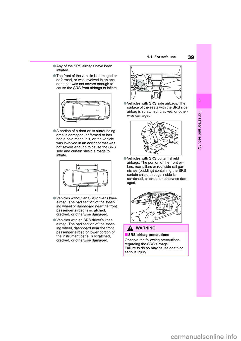 TOYOTA COROLLA 2022  Owners Manual (in English) 39
1 
1-1. For safe use
For safety and security
●Any of the SRS airbags have been  
inflated.
●The front of the vehicle is damaged or 
deformed, or was involved in an acci- dent that was not sever
