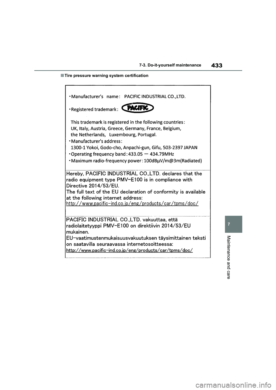 TOYOTA COROLLA 2022  Owners Manual (in English) 433
7 
7-3. Do-it-yourself maintenance
Maintenance and care
■Tire pressure warning system certification 