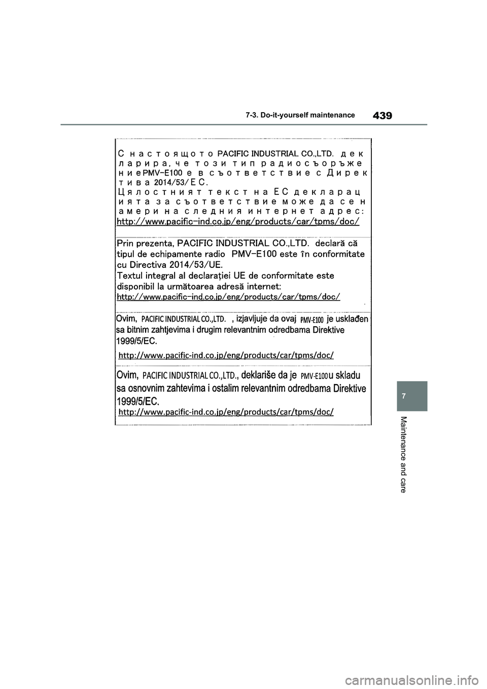 TOYOTA COROLLA 2022  Owners Manual (in English) 439
7 
7-3. Do-it-yourself maintenance
Maintenance and care 