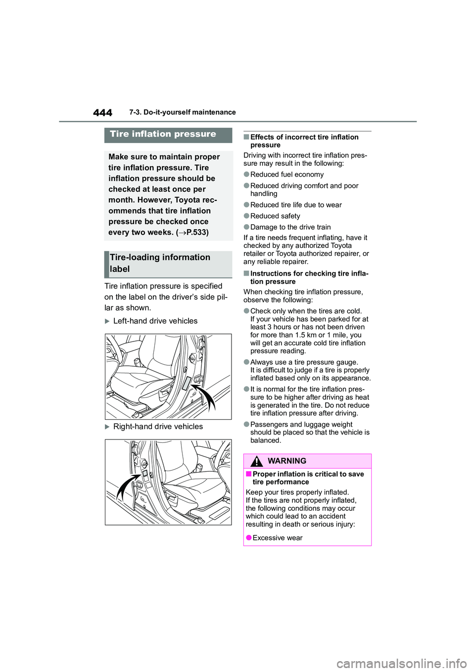 TOYOTA COROLLA 2022  Owners Manual (in English) 4447-3. Do-it-yourself maintenance
Tire inflation pressure is specified  
on the label on the driver’s side pil-
lar as shown.
Left-hand drive vehicles
Right-hand drive vehicles
■Effects of 