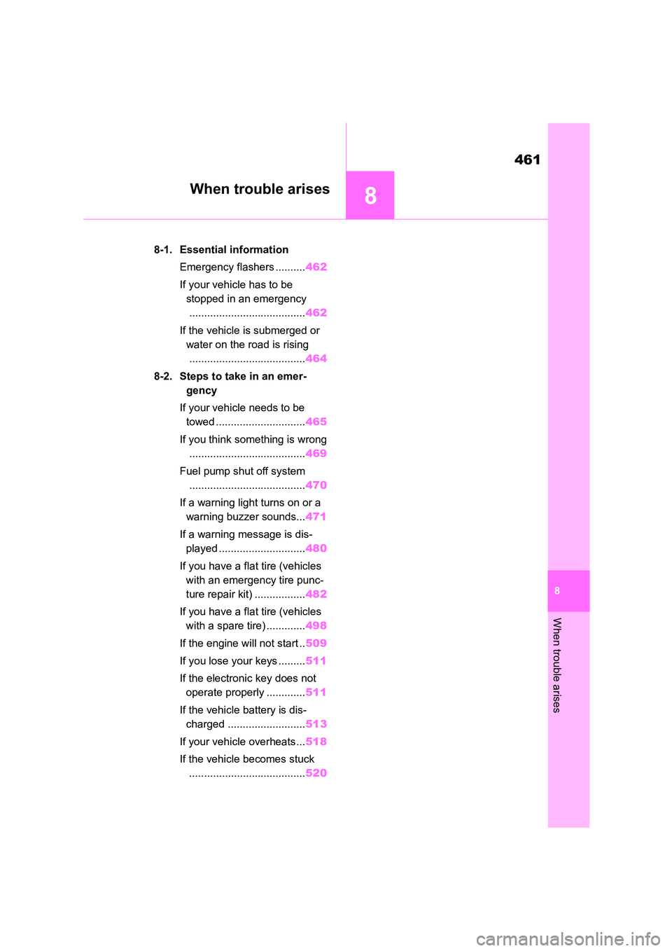 TOYOTA COROLLA 2022 Owners Manual (in English) 8
461
When trouble arises
8
When trouble arises
.8-1. Essential information
Emergency flashers .......... 462
If your vehicle has to be
stopped in an emergency
.................................... TOYOTA COROLLA 2022 Owners Manual (in English) 8
461
When trouble arises
8
When trouble arises
.8-1. Essential information
Emergency flashers .......... 462
If your vehicle has to be
stopped in an emergency
....................................
