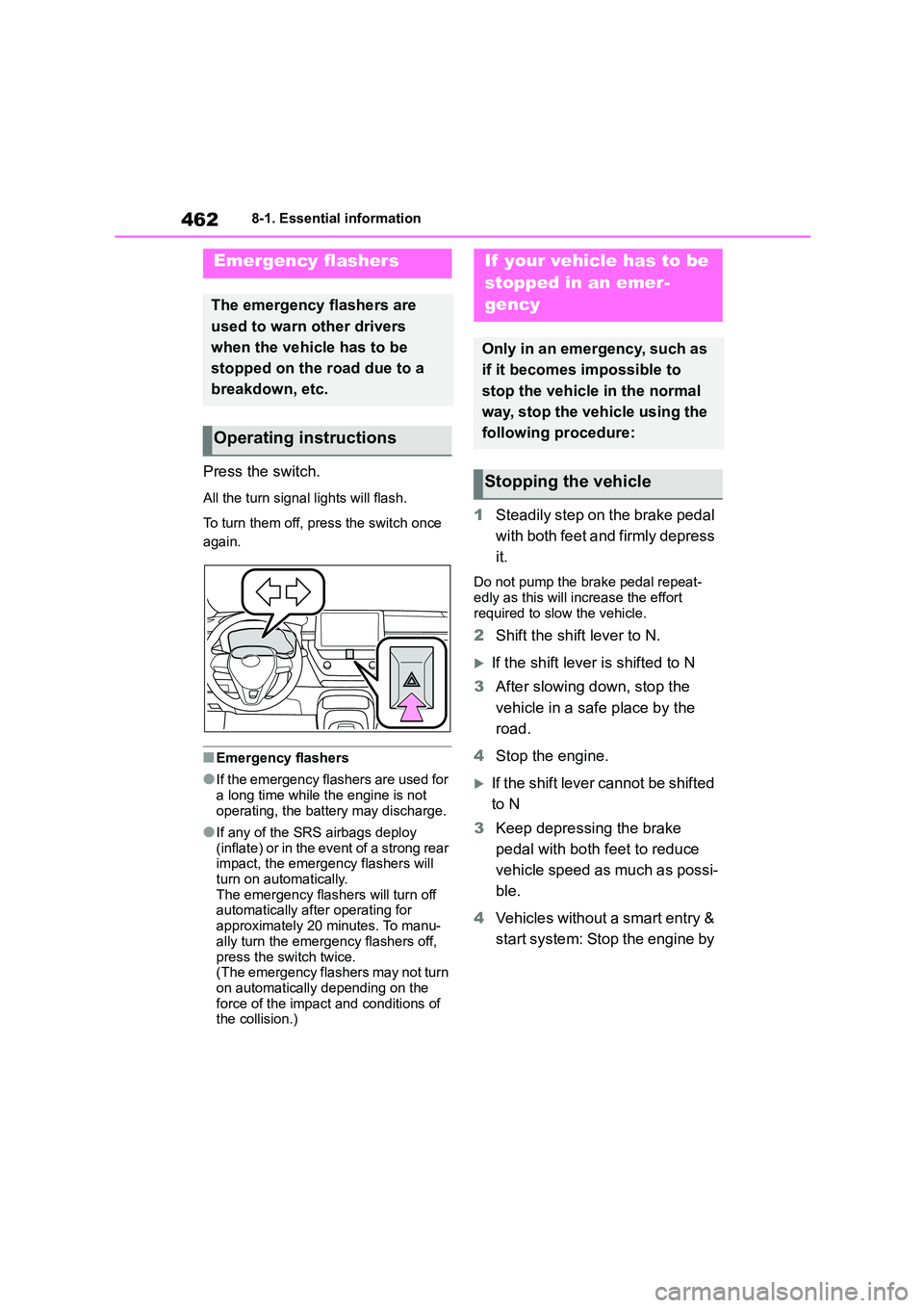 TOYOTA COROLLA 2022 Owners Manual (in English) 4628-1. Essential information
8-1.Essential information
Press the switch.
All the turn signal lights will flash.
To turn them off, press the switch once
again.
■Emergency flashers
●If the emerg TOYOTA COROLLA 2022 Owners Manual (in English) 4628-1. Essential information
8-1.Essential information
Press the switch.
All the turn signal lights will flash.
To turn them off, press the switch once
again.
■Emergency flashers
●If the emerg