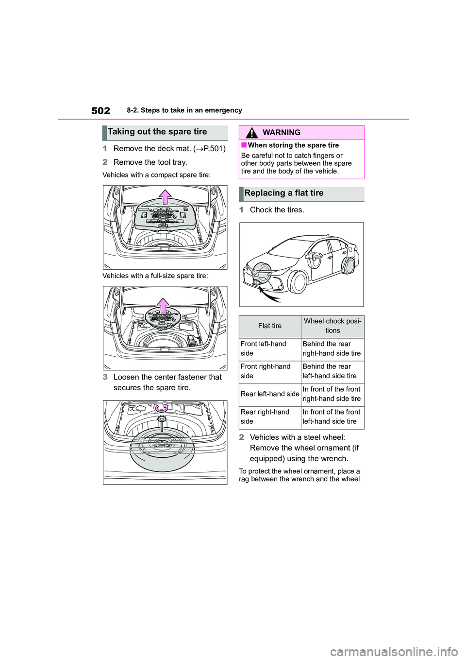 TOYOTA COROLLA 2022  Owners Manual (in English) 5028-2. Steps to take in an emergency
1Remove the deck mat. (P.501) 
2 Remove the tool tray.
Vehicles with a compact spare tire: 
Vehicles with a full-size spare tire:
3 Loosen the center fastener 