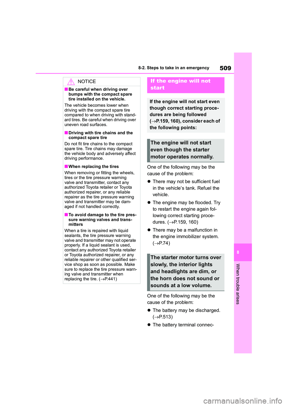 TOYOTA COROLLA 2022  Owners Manual (in English) 509
8 
8-2. Steps to take in an emergency
When trouble arises
One of the following may be the  
cause of the problem: 
 There may not be sufficient fuel  
in the vehicle’s tank. Refuel the 
vehic