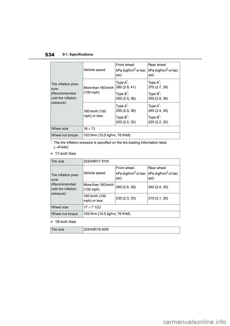 TOYOTA COROLLA 2022  Owners Manual (in English) 5349-1. Specifications
*: The tire inflation pressure is specified on the tire-loading information label.  
( P.444)
17-inch tires
18-inch tires
Tire inflation pres- 
sure
(Recommended 
cold 