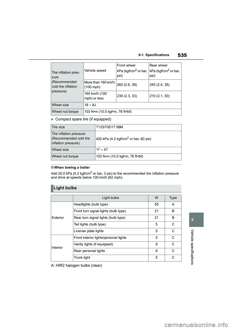 TOYOTA COROLLA 2022  Owners Manual (in English) 535
9 
9-1. Specifications
Vehicle specifications
Compact spare tire (if equipped)
■When towing a trailer 
Add 20.0 kPa (0.2 kgf/cm2 or bar, 3 psi) to the recommended tire inflation pressure  
an