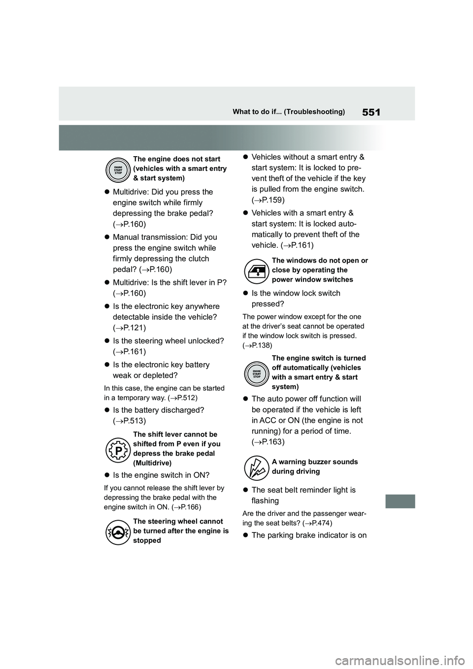 TOYOTA COROLLA 2022  Owners Manual (in English) 551What to do if... (Troubleshooting)
Multidrive: Did you press the  
engine switch while firmly 
depressing the brake pedal? 
( P.160) 
 Manual transmission: Did you  
press the engine switc