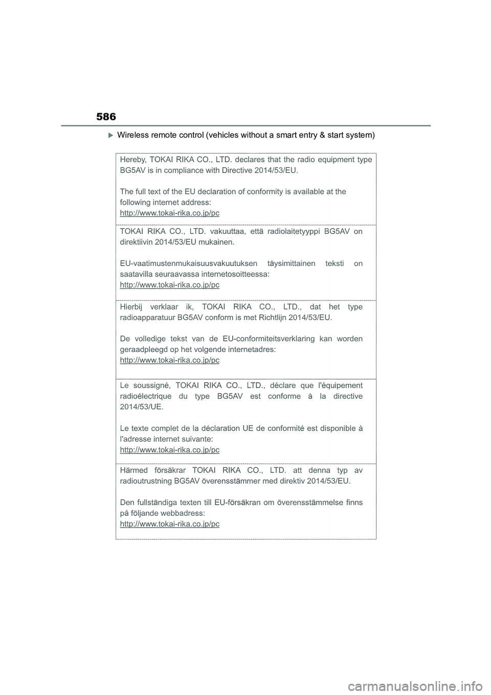 TOYOTA COROLLA 2022  Owners Manual (in English) 586
Wireless remote control (vehicles without a smart entry & start system) 