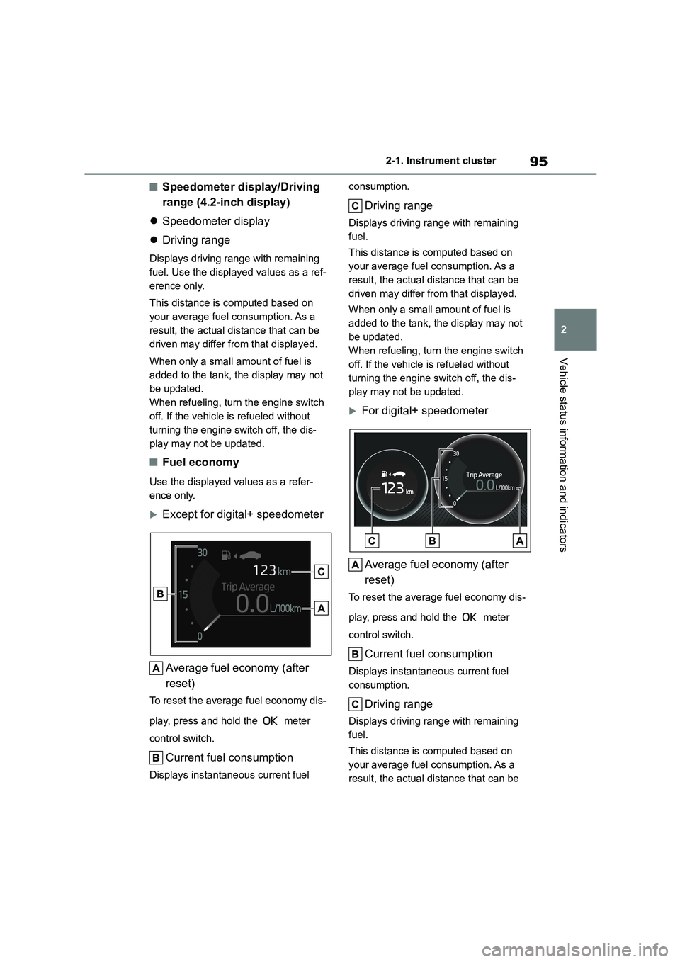 TOYOTA COROLLA 2022  Owners Manual (in English) 95
2 
2-1. Instrument cluster
Vehicle status information and indicators
■Speedometer display/Driving  
range (4.2-inch display) 
 Speedometer display 
 Driving range
Displays driving range wit