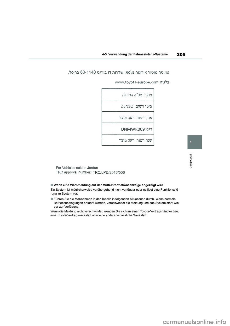 TOYOTA COROLLA 2022  Betriebsanleitungen (in German) 205
4 
4-5. Verwendung der Fahrassistenz-Systeme
Fahrbetrieb
■Wenn eine Warnmeldung auf der Mult i-Informationsanzeige angezeigt wird 
Ein System ist möglicherweis e vorübergehend nicht verfügbar