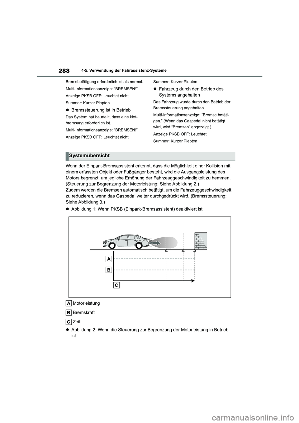 TOYOTA COROLLA 2022  Betriebsanleitungen (in German) 2884-5. Verwendung der Fahrassistenz-Systeme 
Bremsbetätigung erforderlich ist als normal. 
Multi-Informationsanzeige: “BREMSEN!”
Anzeige PKSB OFF: Leuchtet nicht 
Summer: Kurzer Piepton
 Brem
