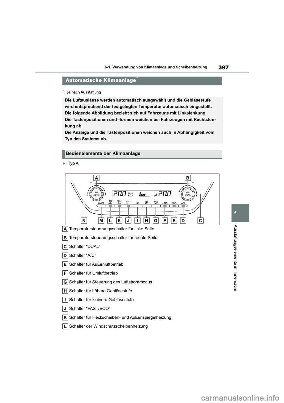 TOYOTA COROLLA 2022  Betriebsanleitungen (in German) 397
6 
6-1. Verwendung von Klimaanlage und Scheibenheizung
Ausstattungselemente im Innenraum
*: Je nach Ausstattung
Ty p A 
Temperatursteuerungsschal ter für linke Seite 
Temperatursteuerungsschal
