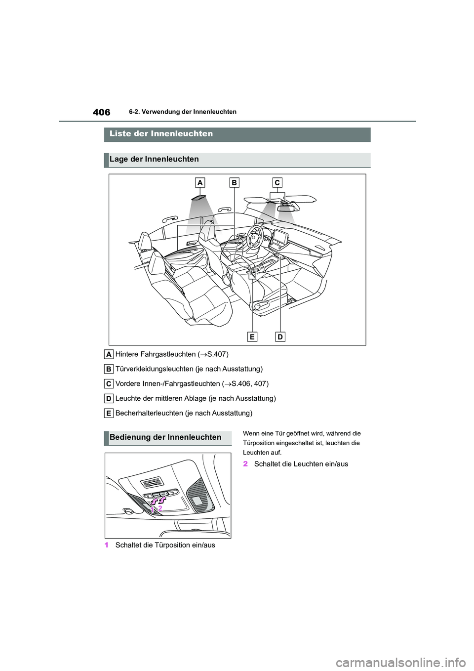 TOYOTA COROLLA 2022  Betriebsanleitungen (in German) 4066-2. Verwendung der Innenleuchten
6-2.Verwendung der Innenleuchten
Hintere Fahrgastleuchten (S.407) 
Türverkleidungsleuchten (je nach Ausstattung)
Vordere Innen-/Fahrgastleuchten ( S.406, 40