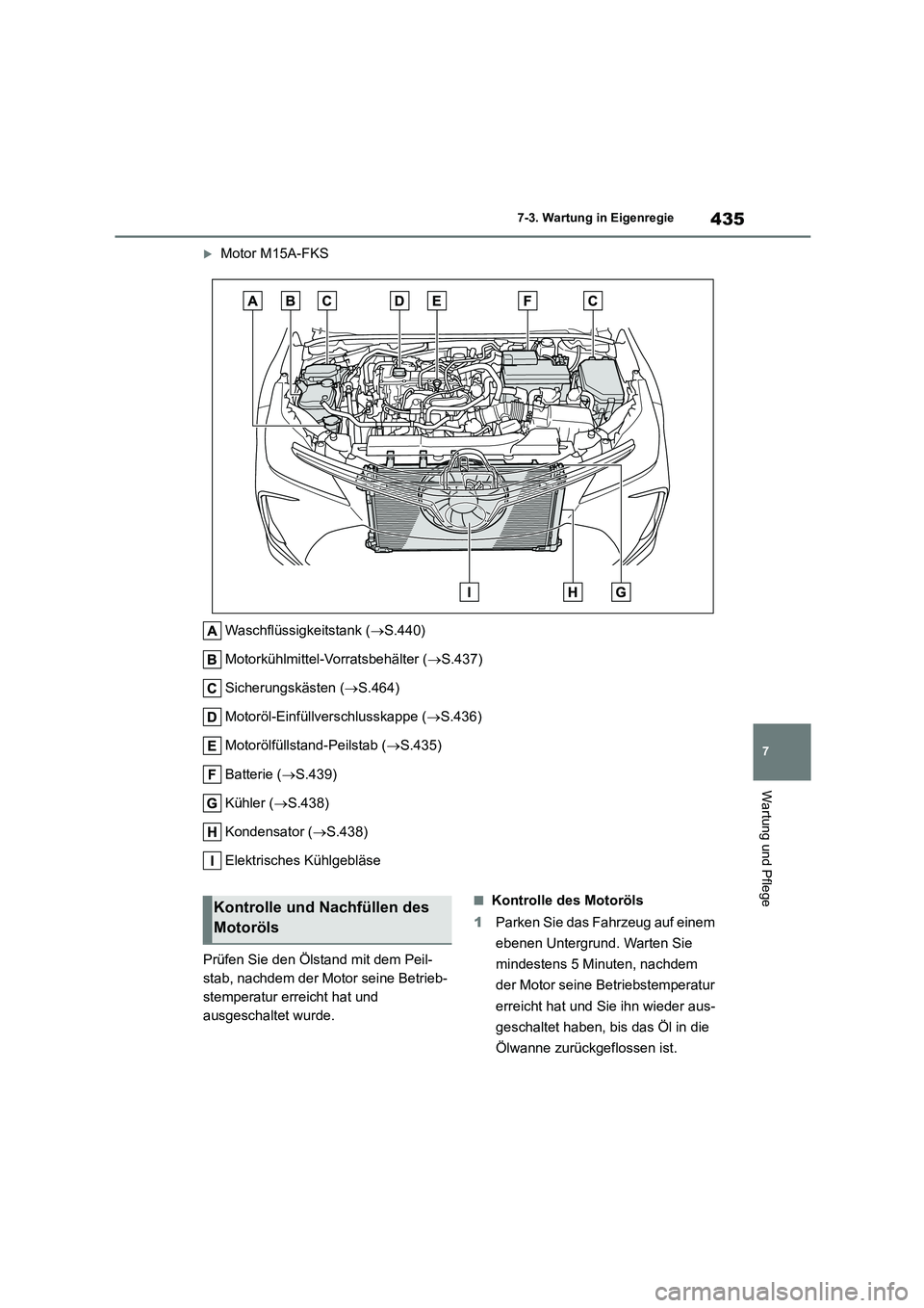 TOYOTA COROLLA 2022  Betriebsanleitungen (in German) 435
7 
7-3. Wartung in Eigenregie
Wartung und Pflege
Motor M15A-FKS 
Waschflüssigkeitstank ( S.440) 
Motorkühlmittel-Vorratsbehälter ( S.437) 
Sicherungskästen ( S.464) 
Motoröl-Einf