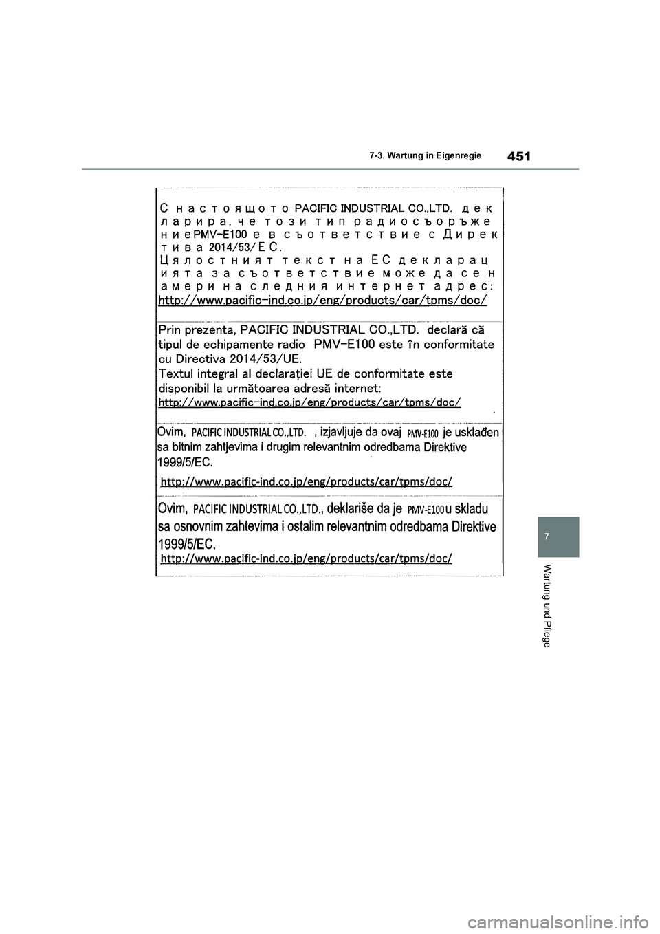 TOYOTA COROLLA 2022  Betriebsanleitungen (in German) 451
7 
7-3. Wartung in Eigenregie
Wartung und Pflege 