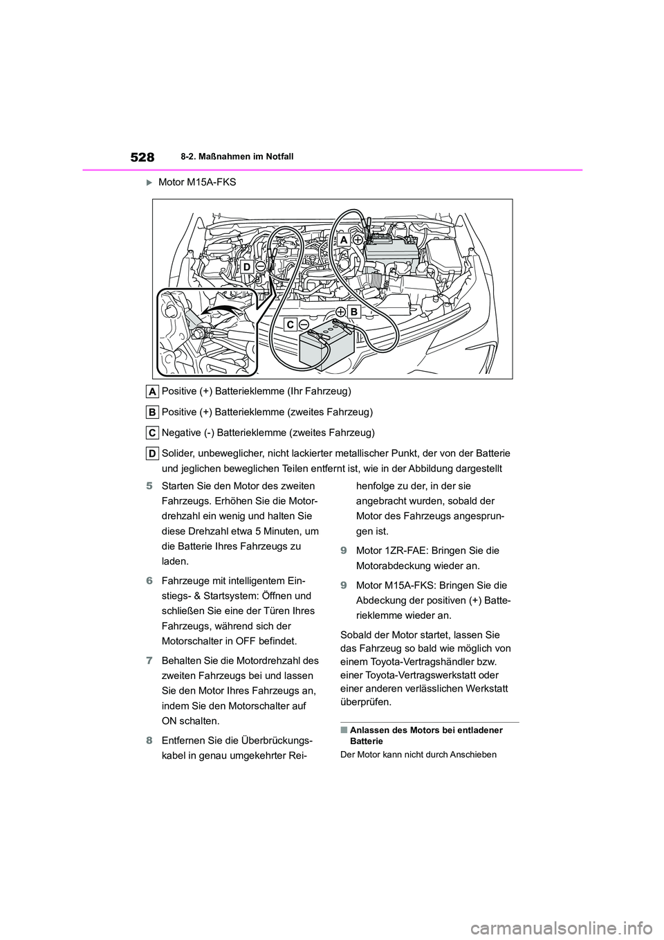 TOYOTA COROLLA 2022  Betriebsanleitungen (in German) 5288-2. Maßnahmen im Notfall
Motor M15A-FKS 
Positive (+) Batteriekl emme (Ihr Fahrzeug) 
Positive (+) Batterieklemme (zweites Fahrzeug) 
Negative (-) Batteriekle mme (zweites Fahrzeug) 
Solider, 