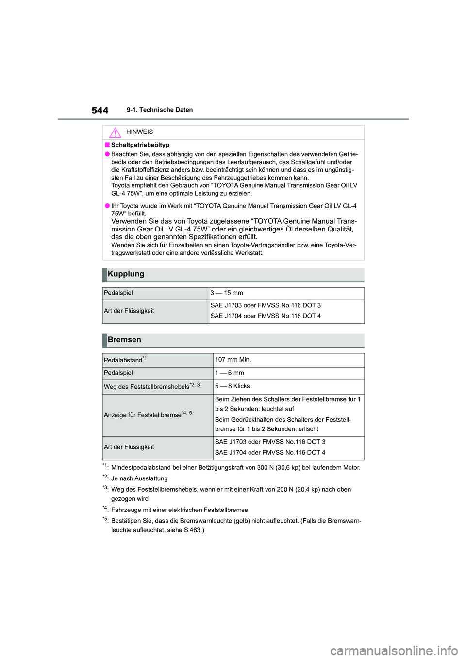TOYOTA COROLLA 2022  Betriebsanleitungen (in German) 5449-1. Technische Daten
*1: Mindestpedalabstand bei einer Betätigungskraft von 300 N (30,6 kp) bei laufendem Motor.
*2: Je nach Ausstattung
*3: Weg des Feststellbremshebels, wenn er mit einer Kraft 