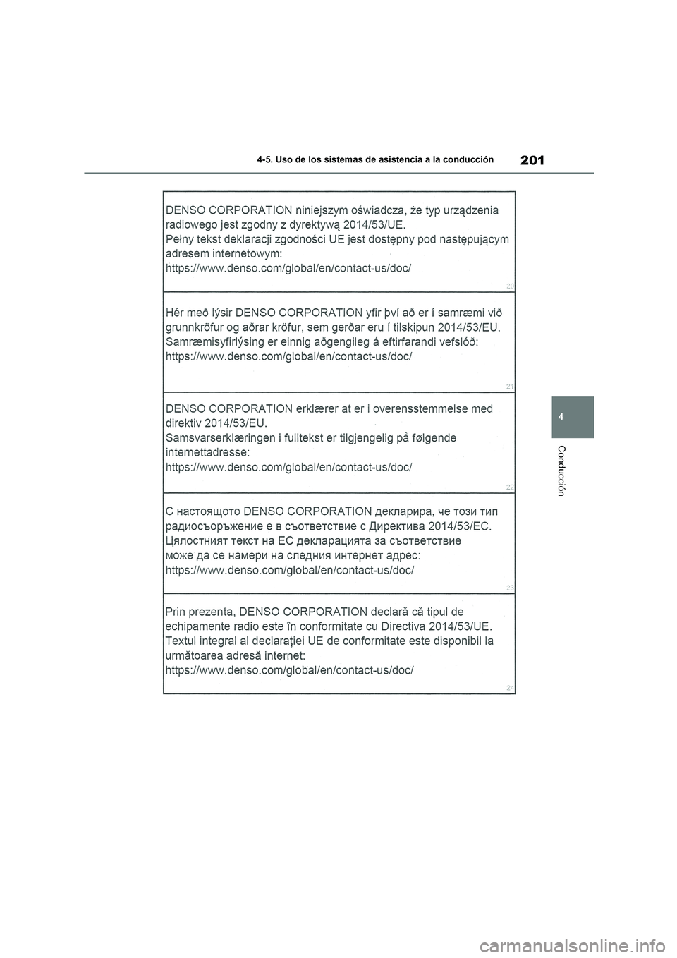 TOYOTA COROLLA 2022  Manuale de Empleo (in Spanish) 201
4 
4-5. Uso de los sistemas de asistencia a la conducción
Conducción 