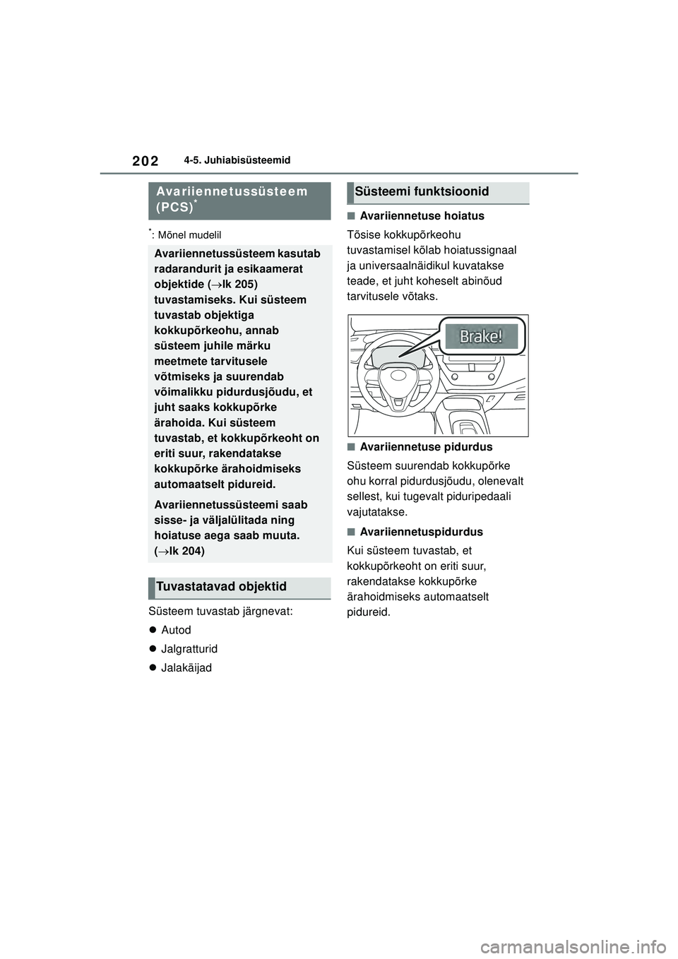 TOYOTA COROLLA 2022  Kasutusjuhend (in Estonian) 2024-5. Juhiabisüsteemid
*: Mõnel mudelil
Süsteem tuvastab järgnevat:
Autod
 Jalgratturid
 Jalakäijad
■Avariiennetuse hoiatus
Tõsise kokkupõrkeohu 
tuvastamisel kõlab hoiatussignaal