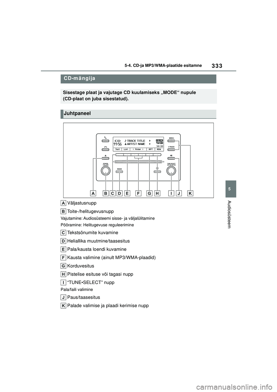 TOYOTA COROLLA 2022  Kasutusjuhend (in Estonian) 333
5
5-4. CD-ja MP3/WMA-plaatide esitamne
Audiosüsteem
5-4.CD-ja MP3/WMA-plaatide esitamne
Väljastusnupp
Toite-/helitugevusnupp
Vajutamine: Audiosüsteemi sisse- ja väljalülitamine
Pööramine: H