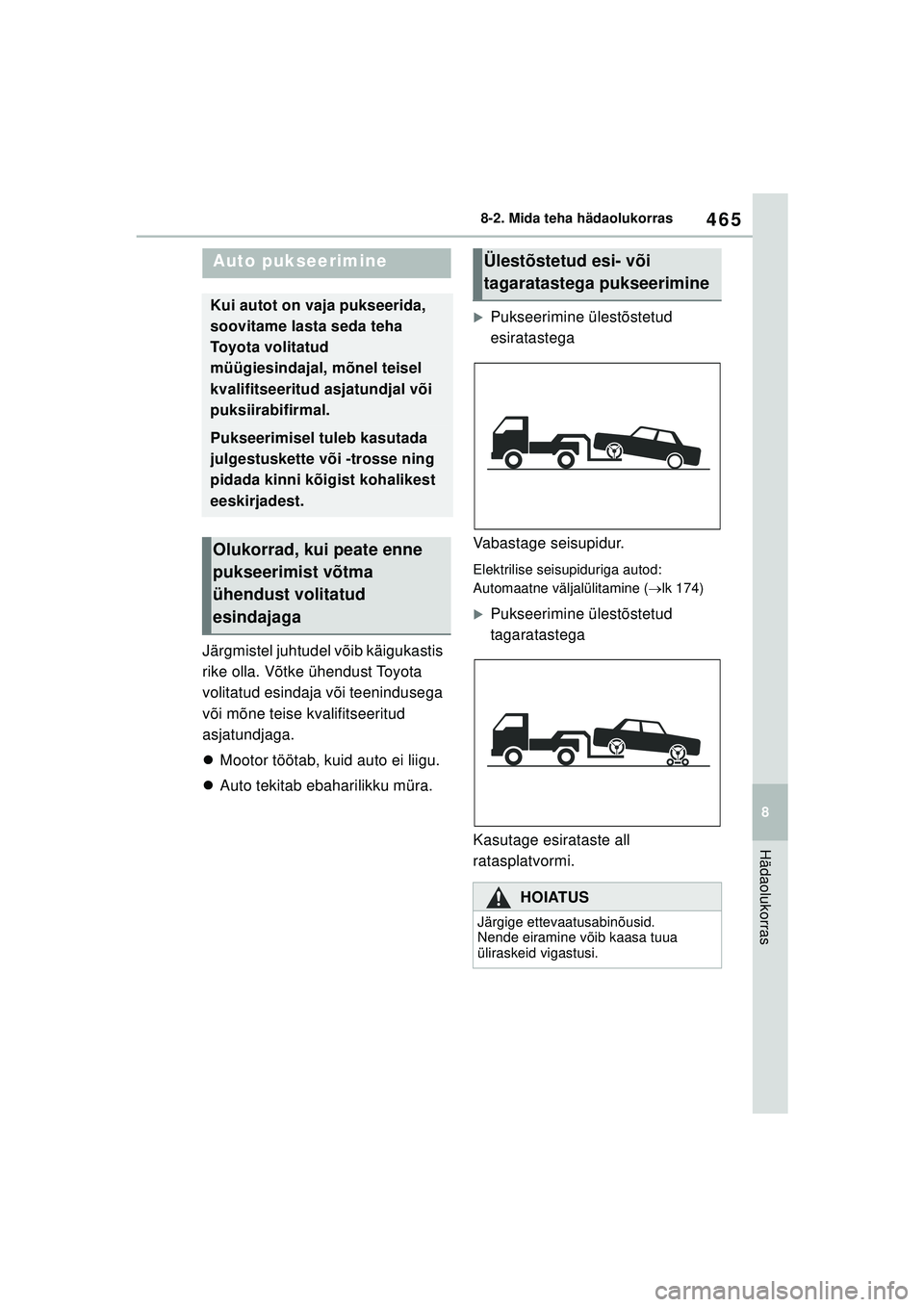 TOYOTA COROLLA 2022  Kasutusjuhend (in Estonian) 465
8
8-2. Mida teha hädaolukorras
Hädaolukorras
8 -2 .Mi da te ha  hä dao luk orra s
Järgmistel juhtudel võib käigukastis 
rike olla. Võtke ühendust Toyota 
volitatud esindaja või teeninduse