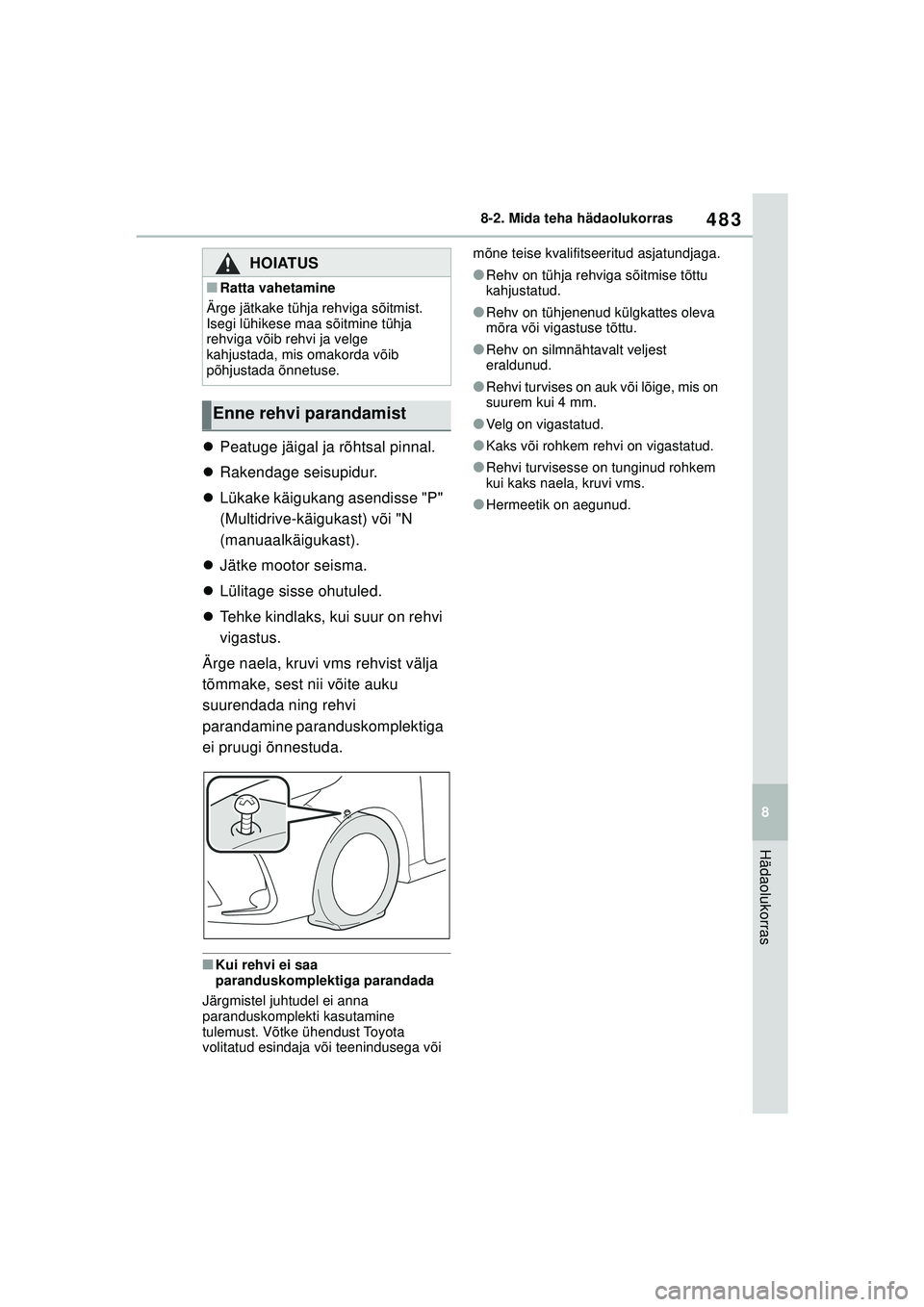 TOYOTA COROLLA 2022  Kasutusjuhend (in Estonian) 483
8
8-2. Mida teha hädaolukorras
Hädaolukorras

Peatuge jäigal ja rõhtsal pinnal.
 Rakendage seisupidur.
 Lükake käigukang asendisse "P" 
(Multidrive-käigukast) või "N 
(manuaalkäi