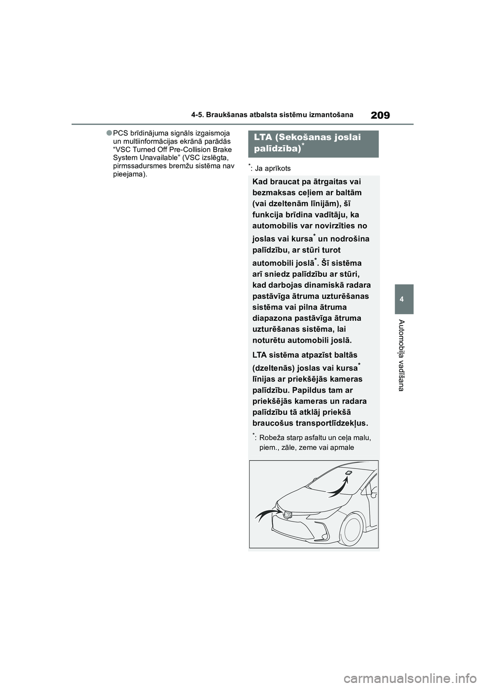 TOYOTA COROLLA 2022 Lietošanas Instrukcija (in Latvian) 209
4
4-5. Braukšanas atbalsta sist
ēmu izmantošana
Automobi ļa vad īšana
●PCS br īdin ājuma sign āls izgaismoja
un multiinform ācijas ekr ān ā par ād ās
“VSC Turned Off Pre-Co lli TOYOTA COROLLA 2022 Lietošanas Instrukcija (in Latvian) 209
4
4-5. Braukšanas atbalsta sist
ēmu izmantošana
Automobi ļa vad īšana
●PCS br īdin ājuma sign āls izgaismoja
un multiinform ācijas ekr ān ā par ād ās
“VSC Turned Off Pre-Co lli