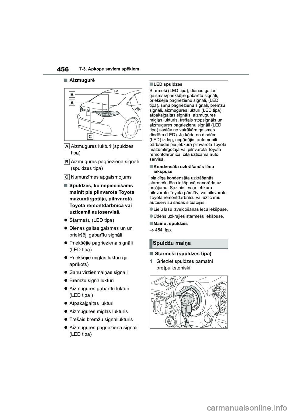 TOYOTA COROLLA 2022 Lietošanas Instrukcija (in Latvian) 4567-3. Apkope saviem spēkiem
■Aizmugur ē
Aizmugures lukturi (spuldzes
tipa)
Aizmugures pagrieziena sign āli
(spuldzes tipa)
Numurz īmes apgaismojums
■Spuldzes, ko nepieciešams
main īt pi TOYOTA COROLLA 2022 Lietošanas Instrukcija (in Latvian) 4567-3. Apkope saviem spēkiem
■Aizmugur ē
Aizmugures lukturi (spuldzes
tipa)
Aizmugures pagrieziena sign āli
(spuldzes tipa)
Numurz īmes apgaismojums
■Spuldzes, ko nepieciešams
main īt pi