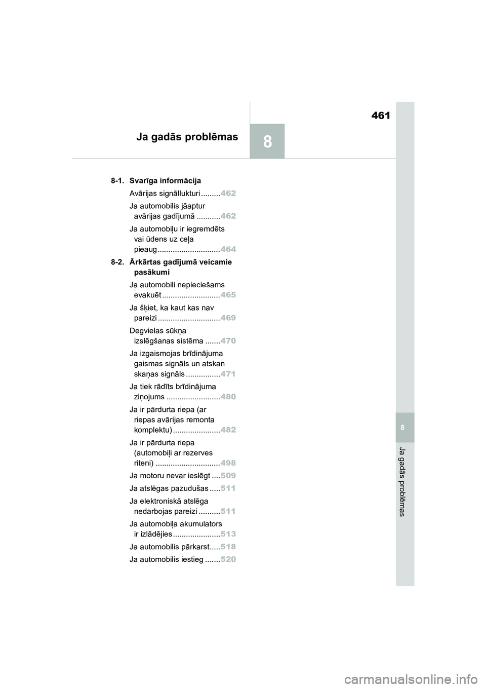 TOYOTA COROLLA 2022 Lietošanas Instrukcija (in Latvian) 8
461
Ja gadās probl ēmas
8
Ja gad ās probl ēmas
.8-1. Svar īga inform ācija
Av ārijas sign āllukturi ......... 462
Ja automobilis j āaptur
av ārijas gad ījum ā........... 462
Ja automobi TOYOTA COROLLA 2022 Lietošanas Instrukcija (in Latvian) 8
461
Ja gadās probl ēmas
8
Ja gad ās probl ēmas
.8-1. Svar īga inform ācija
Av ārijas sign āllukturi ......... 462
Ja automobilis j āaptur
av ārijas gad ījum ā........... 462
Ja automobi