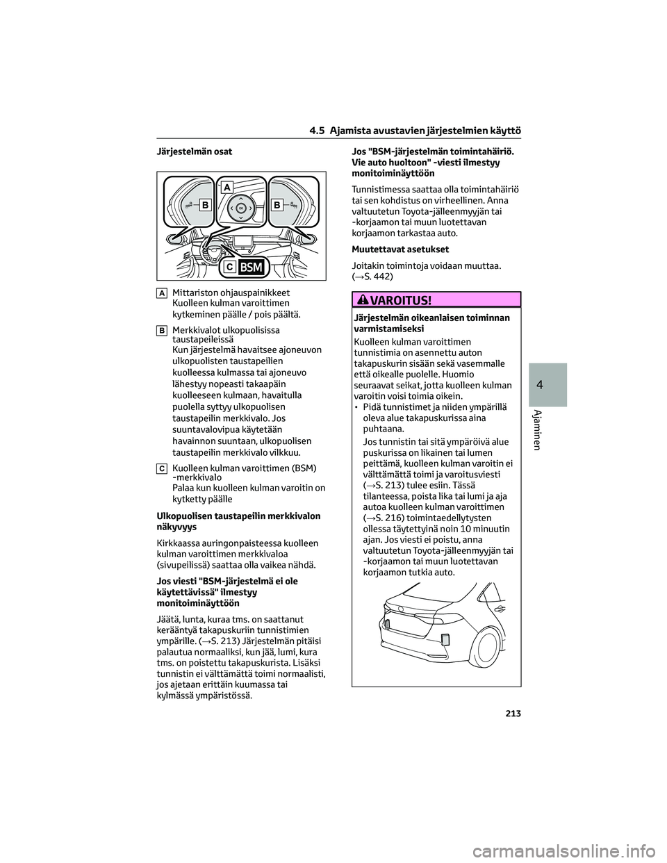 TOYOTA COROLLA 2022  Omistajan Käsikirja (in Finnish) Järjestelmän osat
AMittariston ohjauspainikkeet
Kuolleen kulman varoittimen
kytkeminen päälle / pois päältä.
BMerkkivalot ulkopuolisissa
taustapeileissä
Kun järjestelmä havaitsee ajoneuvon
u