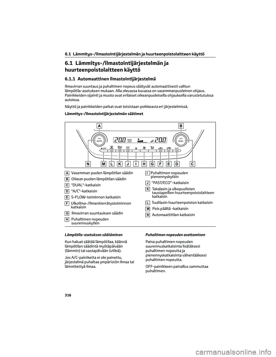 TOYOTA COROLLA 2022  Omistajan Käsikirja (in Finnish) 6.1 Lämmitys-/ilmastointijärjestelmän ja
huurteenpoistolaitteen käyttö
6.1.1 Automaattinen ilmastointijärjestelmä
Ilmavirran suuntaus ja puhaltimen nopeus säätyvät automaattisesti valitun
l