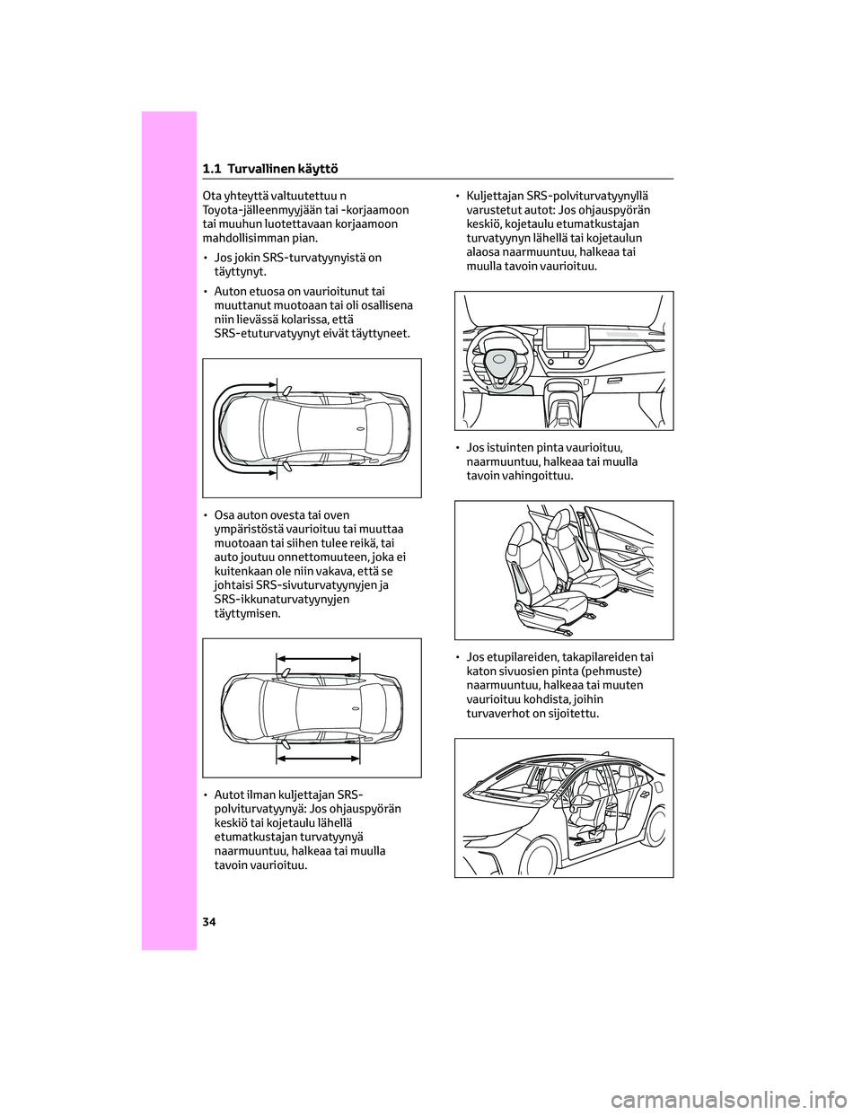 TOYOTA COROLLA 2022  Omistajan Käsikirja (in Finnish) Ota yhteyttä valtuutettuu n
Toyota-jälleenmyyjään tai -korjaamoon
tai muuhun luotettavaan korjaamoon
mahdollisimman pian.
• Jos jokin SRS-turvatyynyistä on
täyttynyt.
• Auton etuosa on vauri