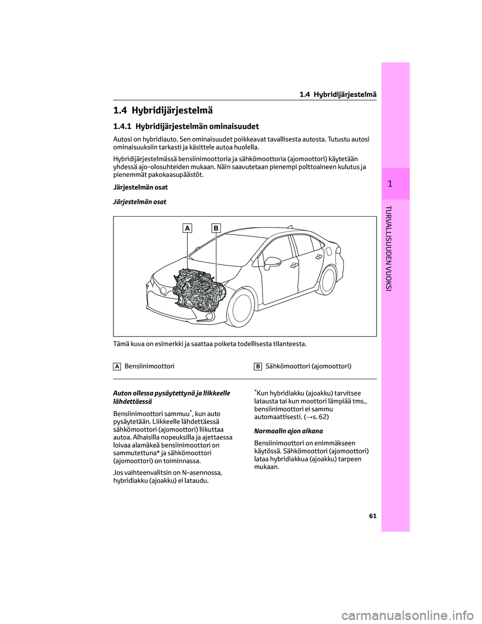 TOYOTA COROLLA 2022  Omistajan Käsikirja (in Finnish) 1.4 Hybridijärjestelmä
1.4.1 Hybridijärjestelmän ominaisuudet
Autosi on hybridiauto. Sen ominaisuudet poikkeavat tavallisesta autosta. Tutustu autosi
ominaisuuksiin tarkasti ja käsittele autoa hu